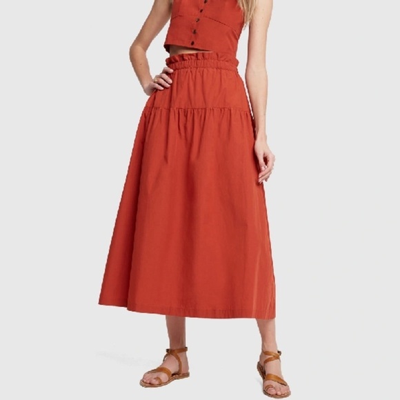 ARAKS Cedar Orange Terracotta Red Cotton Ruffle Hem Ulya Long Midi Skirt NWT M - Picture 1 of 10